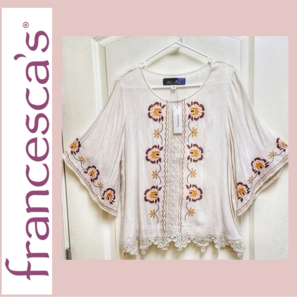 NWT Gorgeous Embroidered Top with Crochet Detail